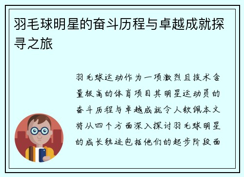 羽毛球明星的奋斗历程与卓越成就探寻之旅